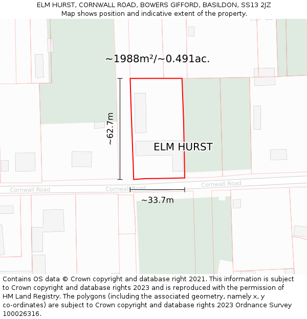 ELM HURST, CORNWALL ROAD, BOWERS GIFFORD, BASILDON, SS13 2JZ: Plot and title map