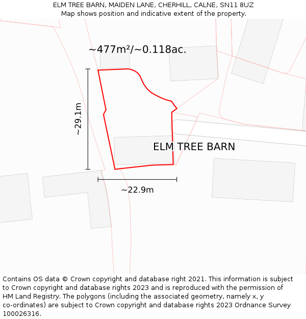 ELM TREE BARN, MAIDEN LANE, CHERHILL, CALNE, SN11 8UZ: Plot and title map