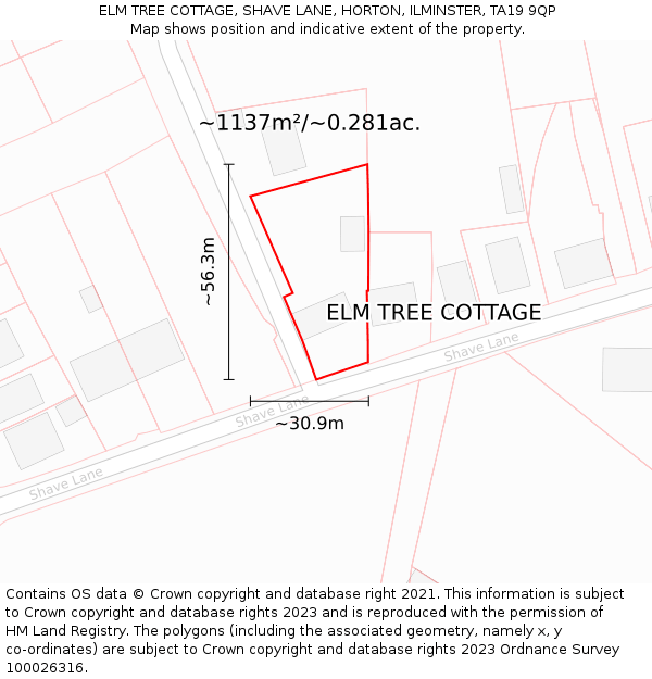 ELM TREE COTTAGE, SHAVE LANE, HORTON, ILMINSTER, TA19 9QP: Plot and title map