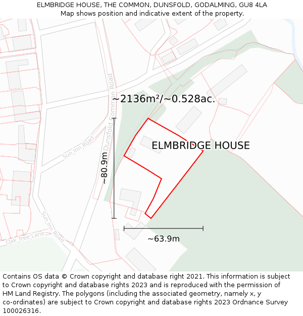 ELMBRIDGE HOUSE, THE COMMON, DUNSFOLD, GODALMING, GU8 4LA: Plot and title map