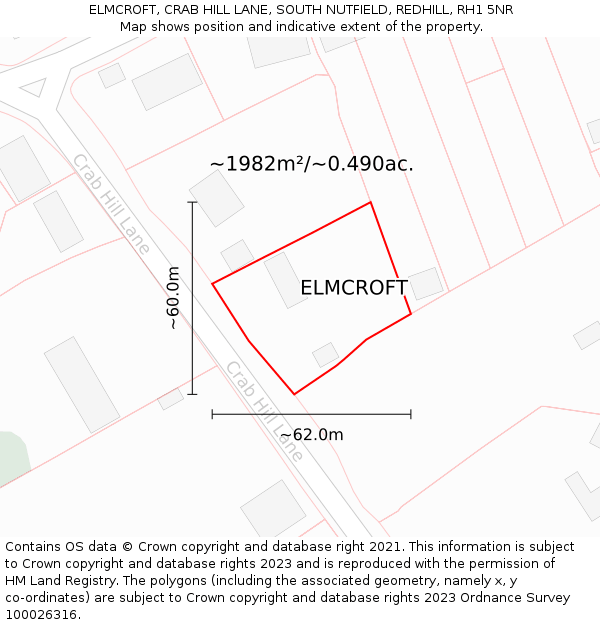 ELMCROFT, CRAB HILL LANE, SOUTH NUTFIELD, REDHILL, RH1 5NR: Plot and title map