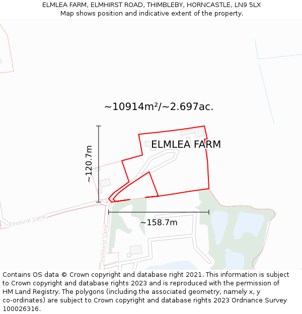 ELMLEA FARM, ELMHIRST ROAD, THIMBLEBY, HORNCASTLE, LN9 5LX: Plot and title map