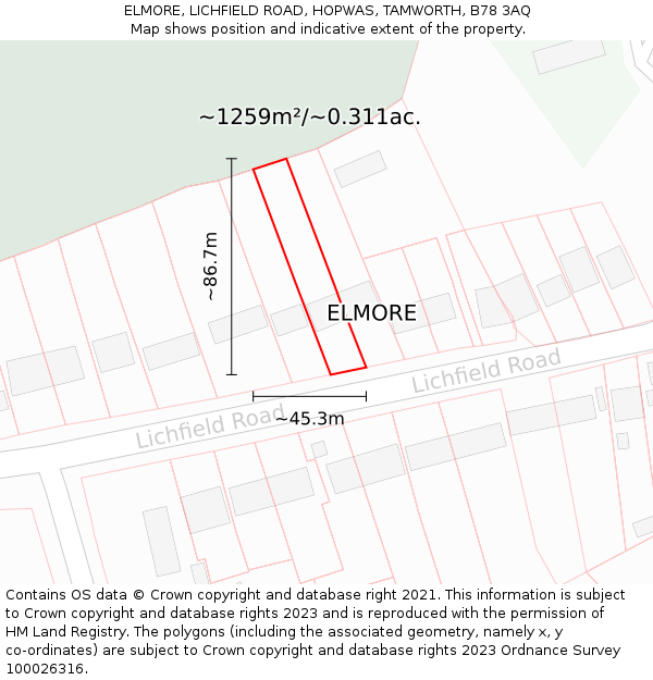 ELMORE, LICHFIELD ROAD, HOPWAS, TAMWORTH, B78 3AQ: Plot and title map