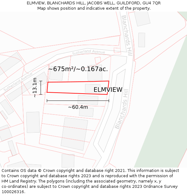 ELMVIEW, BLANCHARDS HILL, JACOBS WELL, GUILDFORD, GU4 7QR: Plot and title map