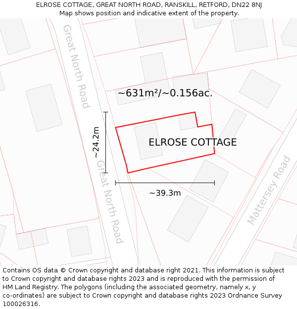 ELROSE COTTAGE, GREAT NORTH ROAD, RANSKILL, RETFORD, DN22 8NJ: Plot and title map