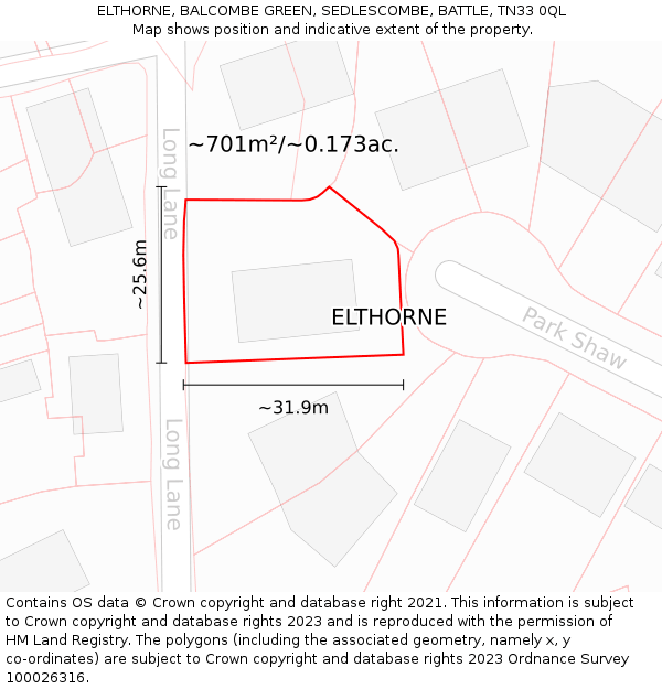 ELTHORNE, BALCOMBE GREEN, SEDLESCOMBE, BATTLE, TN33 0QL: Plot and title map