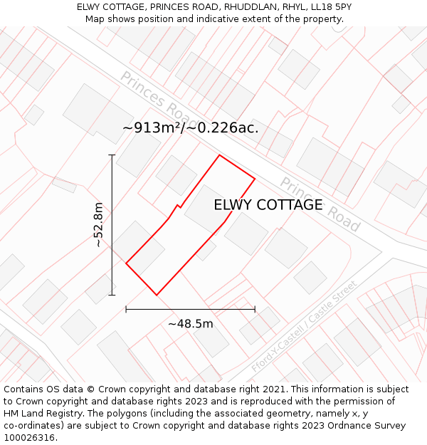 ELWY COTTAGE, PRINCES ROAD, RHUDDLAN, RHYL, LL18 5PY: Plot and title map