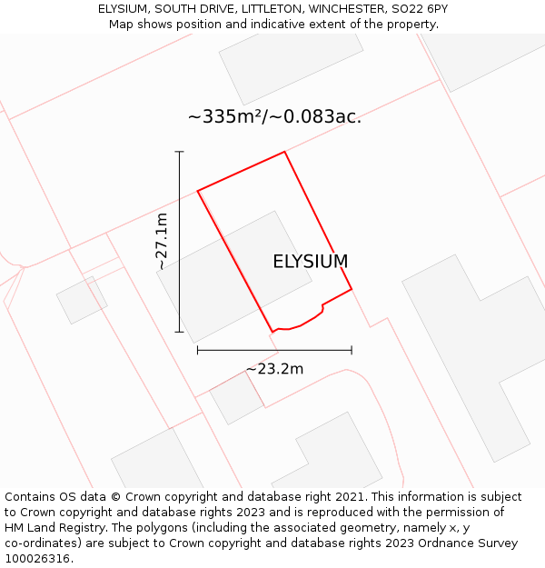 ELYSIUM, SOUTH DRIVE, LITTLETON, WINCHESTER, SO22 6PY: Plot and title map