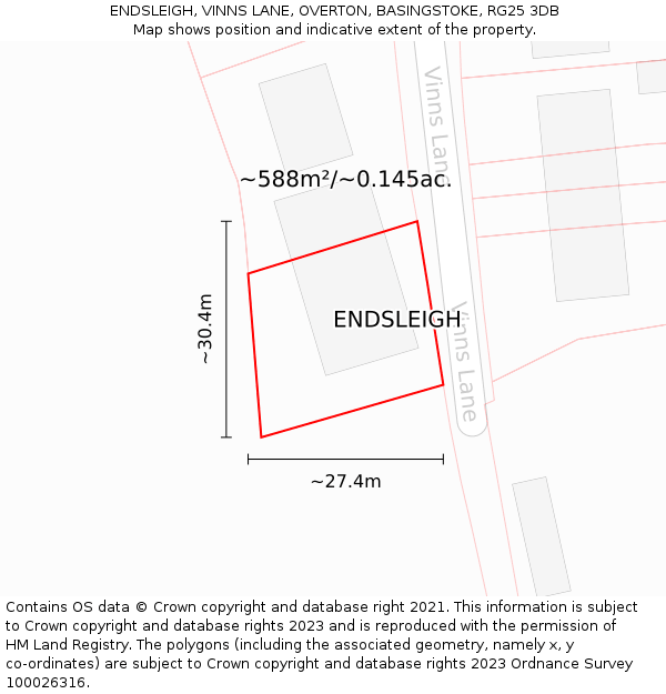 ENDSLEIGH, VINNS LANE, OVERTON, BASINGSTOKE, RG25 3DB: Plot and title map