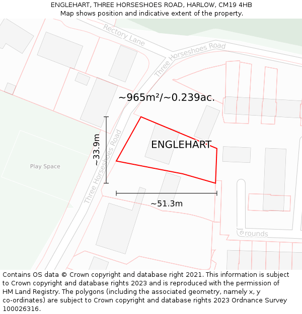 ENGLEHART, THREE HORSESHOES ROAD, HARLOW, CM19 4HB: Plot and title map