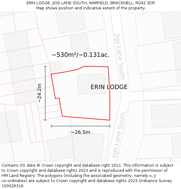 ERIN LODGE, JIGS LANE SOUTH, WARFIELD, BRACKNELL, RG42 3DR: Plot and title map