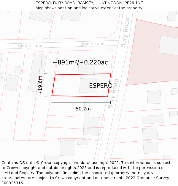 ESPERO, BURY ROAD, RAMSEY, HUNTINGDON, PE26 1NE: Plot and title map