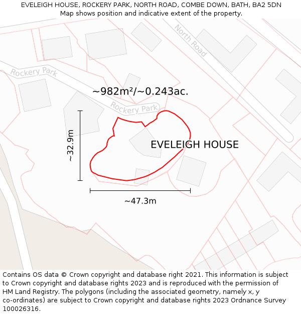 EVELEIGH HOUSE, ROCKERY PARK, NORTH ROAD, COMBE DOWN, BATH, BA2 5DN: Plot and title map