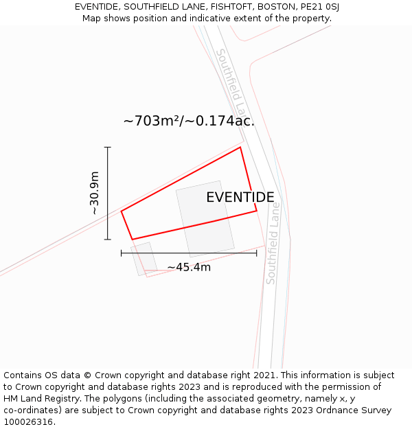 EVENTIDE, SOUTHFIELD LANE, FISHTOFT, BOSTON, PE21 0SJ: Plot and title map