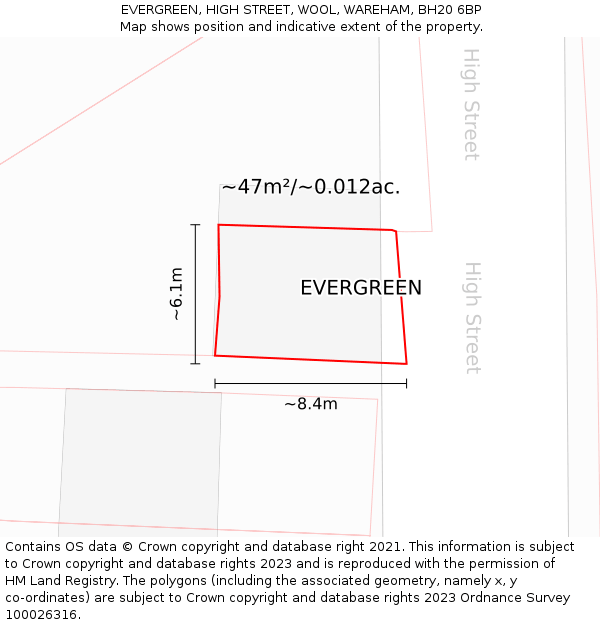 EVERGREEN, HIGH STREET, WOOL, WAREHAM, BH20 6BP: Plot and title map