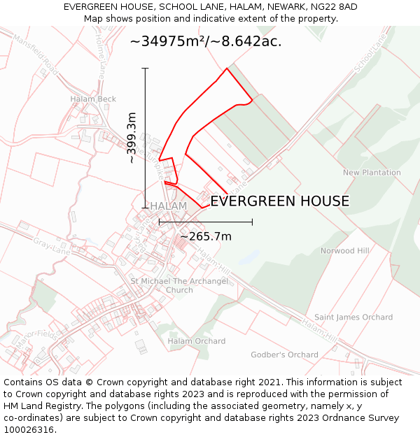 EVERGREEN HOUSE, SCHOOL LANE, HALAM, NEWARK, NG22 8AD: Plot and title map