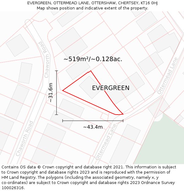 EVERGREEN, OTTERMEAD LANE, OTTERSHAW, CHERTSEY, KT16 0HJ: Plot and title map