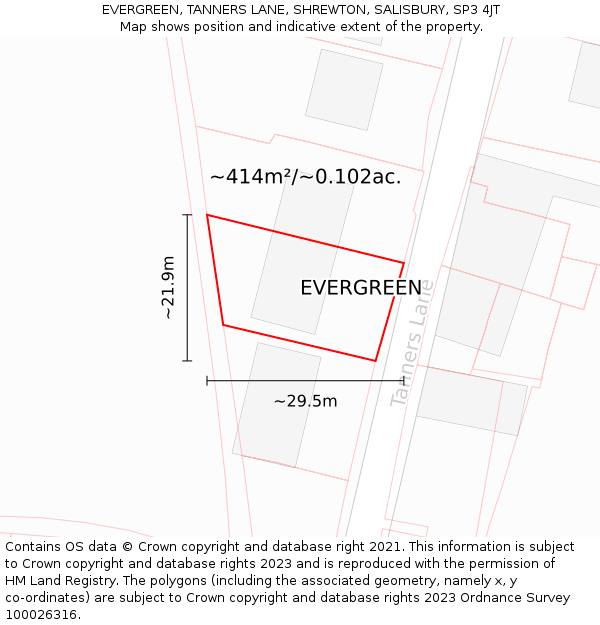 EVERGREEN, TANNERS LANE, SHREWTON, SALISBURY, SP3 4JT: Plot and title map