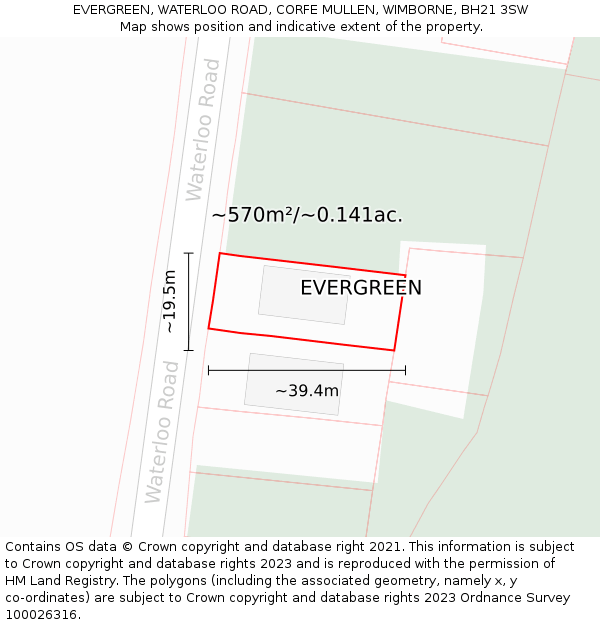 EVERGREEN, WATERLOO ROAD, CORFE MULLEN, WIMBORNE, BH21 3SW: Plot and title map