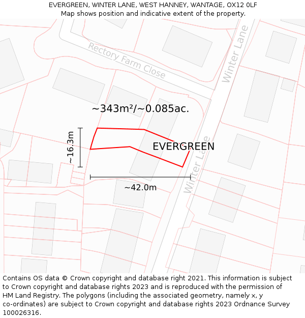 EVERGREEN, WINTER LANE, WEST HANNEY, WANTAGE, OX12 0LF: Plot and title map