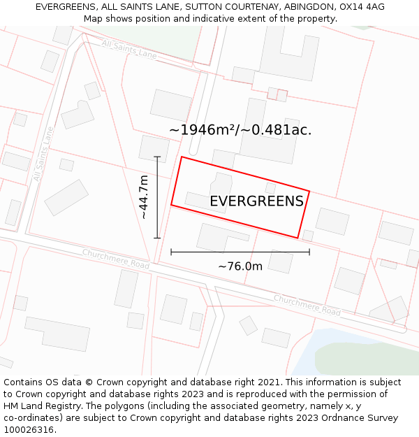 EVERGREENS, ALL SAINTS LANE, SUTTON COURTENAY, ABINGDON, OX14 4AG: Plot and title map