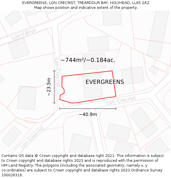 EVERGREENS, LON CRECRIST, TREARDDUR BAY, HOLYHEAD, LL65 2AZ: Plot and title map