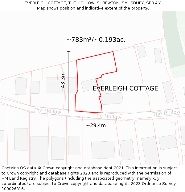 EVERLEIGH COTTAGE, THE HOLLOW, SHREWTON, SALISBURY, SP3 4JY: Plot and title map