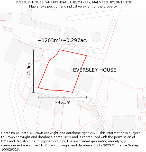 EVERSLEY HOUSE, WHEATSHEAF LANE, OAKSEY, MALMESBURY, SN16 9TB: Plot and title map