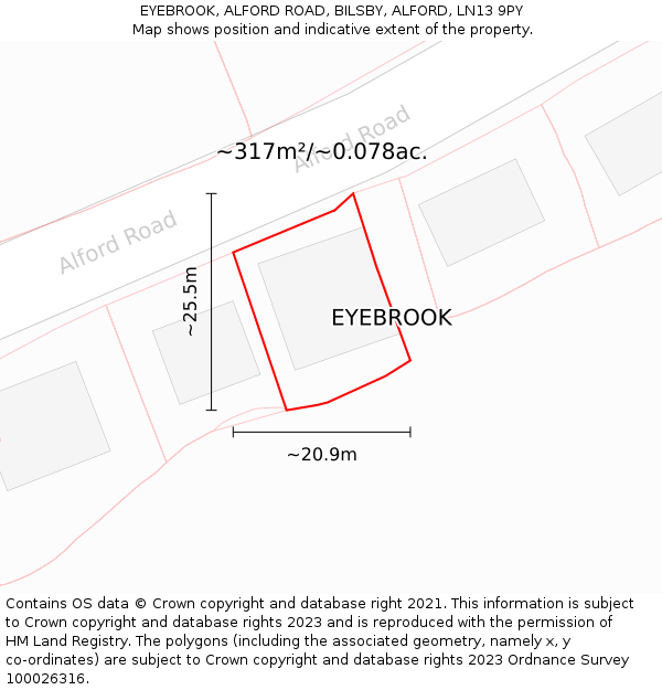 EYEBROOK, ALFORD ROAD, BILSBY, ALFORD, LN13 9PY: Plot and title map