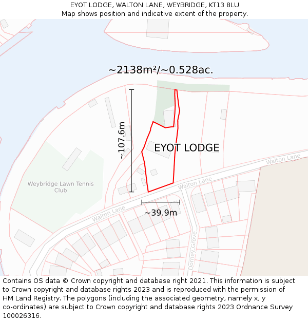 EYOT LODGE, WALTON LANE, WEYBRIDGE, KT13 8LU: Plot and title map