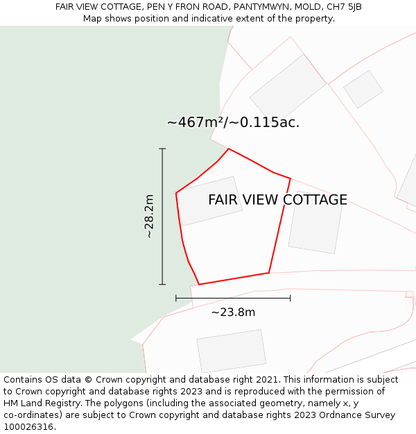 FAIR VIEW COTTAGE, PEN Y FRON ROAD, PANTYMWYN, MOLD, CH7 5JB: Plot and title map