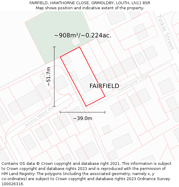 FAIRFIELD, HAWTHORNE CLOSE, GRIMOLDBY, LOUTH, LN11 8SR: Plot and title map