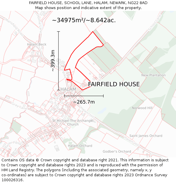 FAIRFIELD HOUSE, SCHOOL LANE, HALAM, NEWARK, NG22 8AD: Plot and title map