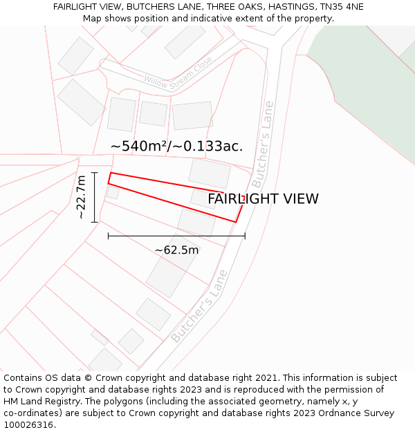 FAIRLIGHT VIEW, BUTCHERS LANE, THREE OAKS, HASTINGS, TN35 4NE: Plot and title map