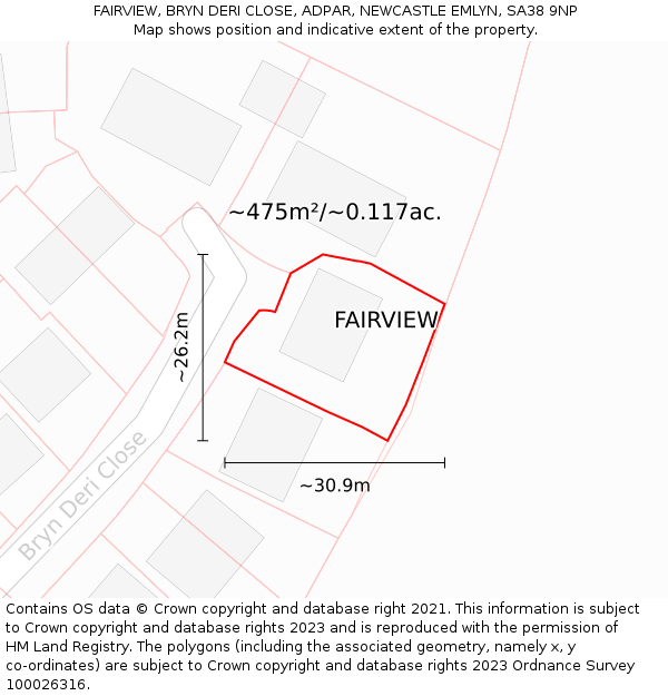 FAIRVIEW, BRYN DERI CLOSE, ADPAR, NEWCASTLE EMLYN, SA38 9NP: Plot and title map