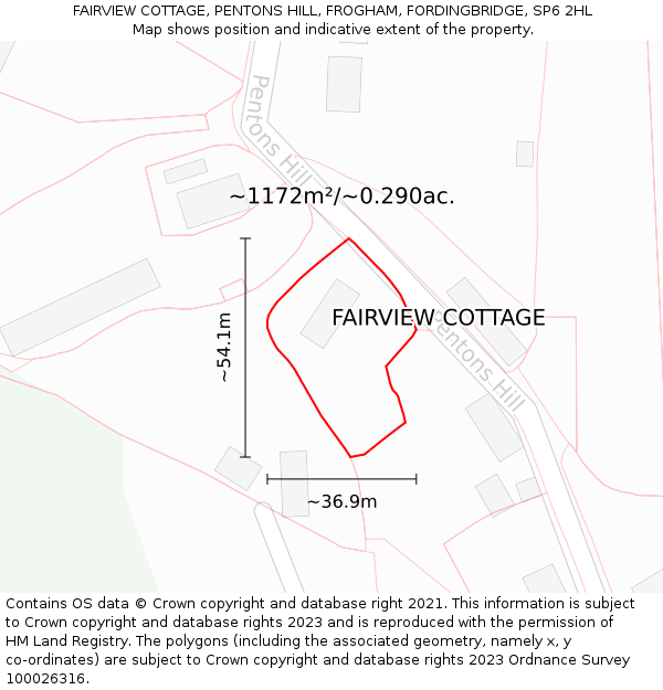 FAIRVIEW COTTAGE, PENTONS HILL, FROGHAM, FORDINGBRIDGE, SP6 2HL: Plot and title map