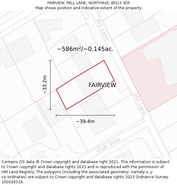 FAIRVIEW, MILL LANE, WORTHING, BN13 3DF: Plot and title map