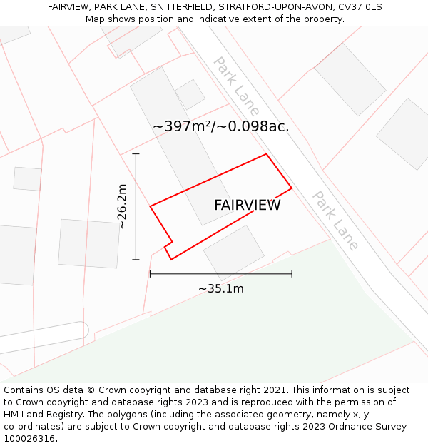 FAIRVIEW, PARK LANE, SNITTERFIELD, STRATFORD-UPON-AVON, CV37 0LS: Plot and title map