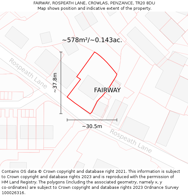 FAIRWAY, ROSPEATH LANE, CROWLAS, PENZANCE, TR20 8DU: Plot and title map