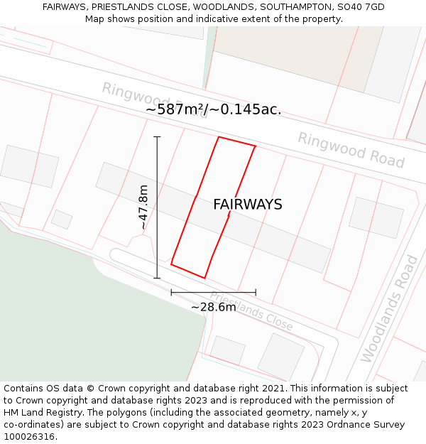 FAIRWAYS, PRIESTLANDS CLOSE, WOODLANDS, SOUTHAMPTON, SO40 7GD: Plot and title map