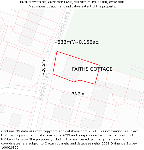 FAITHS COTTAGE, PADDOCK LANE, SELSEY, CHICHESTER, PO20 9BB: Plot and title map