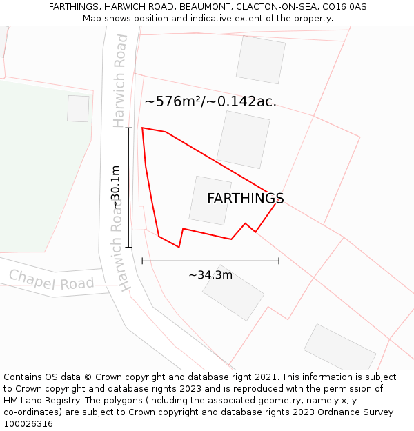 FARTHINGS, HARWICH ROAD, BEAUMONT, CLACTON-ON-SEA, CO16 0AS: Plot and title map