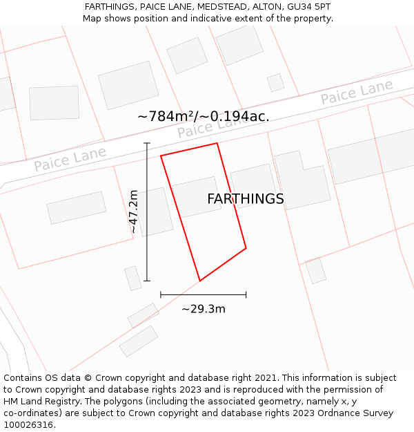 FARTHINGS, PAICE LANE, MEDSTEAD, ALTON, GU34 5PT: Plot and title map