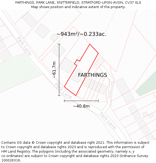 FARTHINGS, PARK LANE, SNITTERFIELD, STRATFORD-UPON-AVON, CV37 0LS: Plot and title map