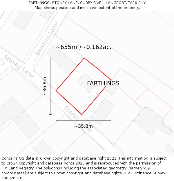 FARTHINGS, STONEY LANE, CURRY RIVEL, LANGPORT, TA10 0HY: Plot and title map