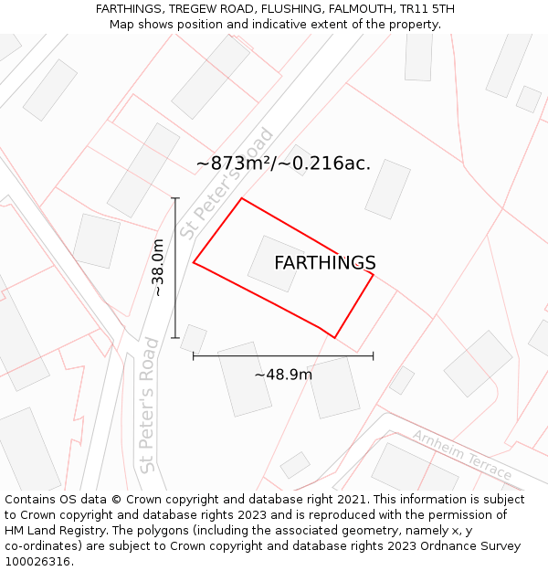 FARTHINGS, TREGEW ROAD, FLUSHING, FALMOUTH, TR11 5TH: Plot and title map