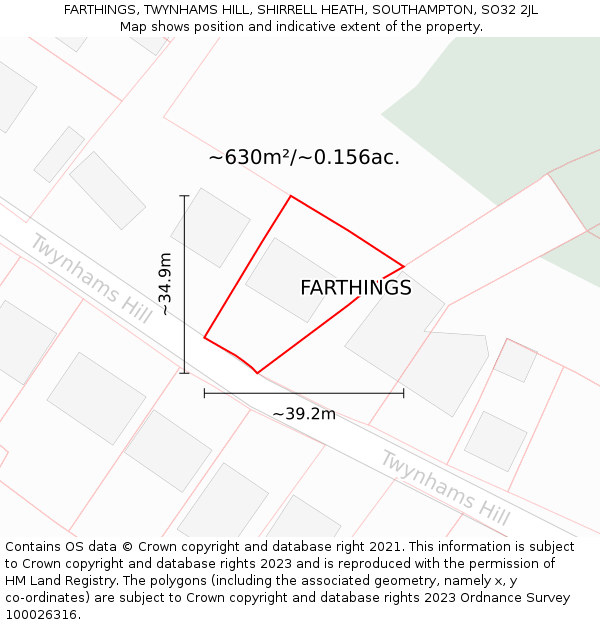 FARTHINGS, TWYNHAMS HILL, SHIRRELL HEATH, SOUTHAMPTON, SO32 2JL: Plot and title map