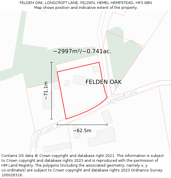 FELDEN OAK, LONGCROFT LANE, FELDEN, HEMEL HEMPSTEAD, HP3 0BN: Plot and title map