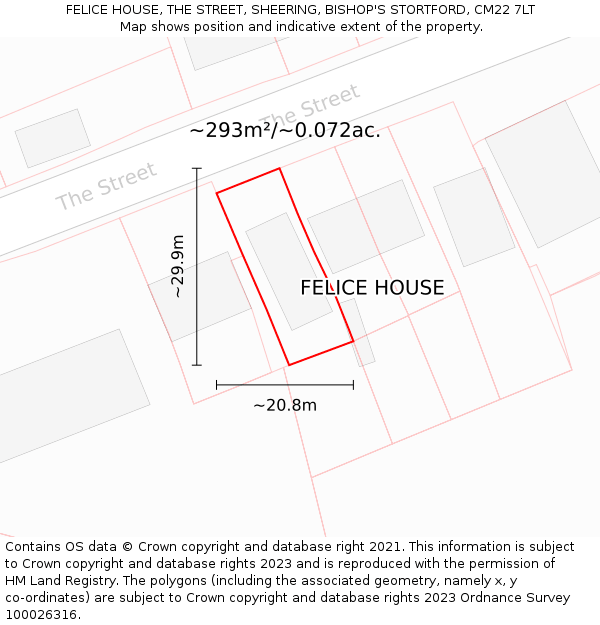 FELICE HOUSE, THE STREET, SHEERING, BISHOP'S STORTFORD, CM22 7LT: Plot and title map