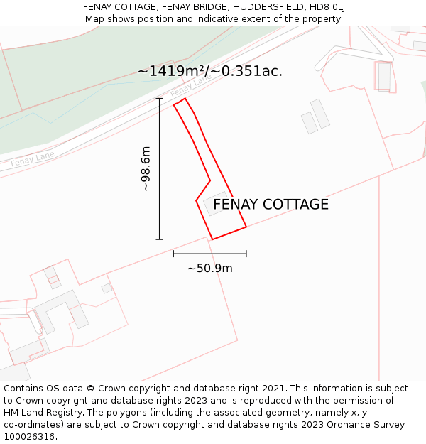 FENAY COTTAGE, FENAY BRIDGE, HUDDERSFIELD, HD8 0LJ: Plot and title map